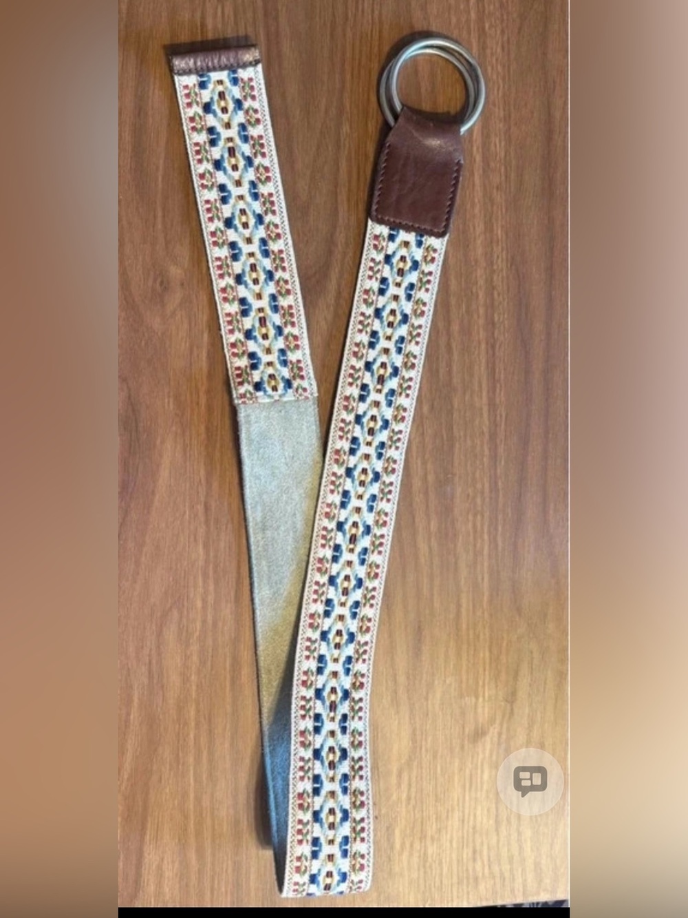 Vintage Embroidered Ivory and Blue Fabric and leather D-Ring Belt w Brown Trim